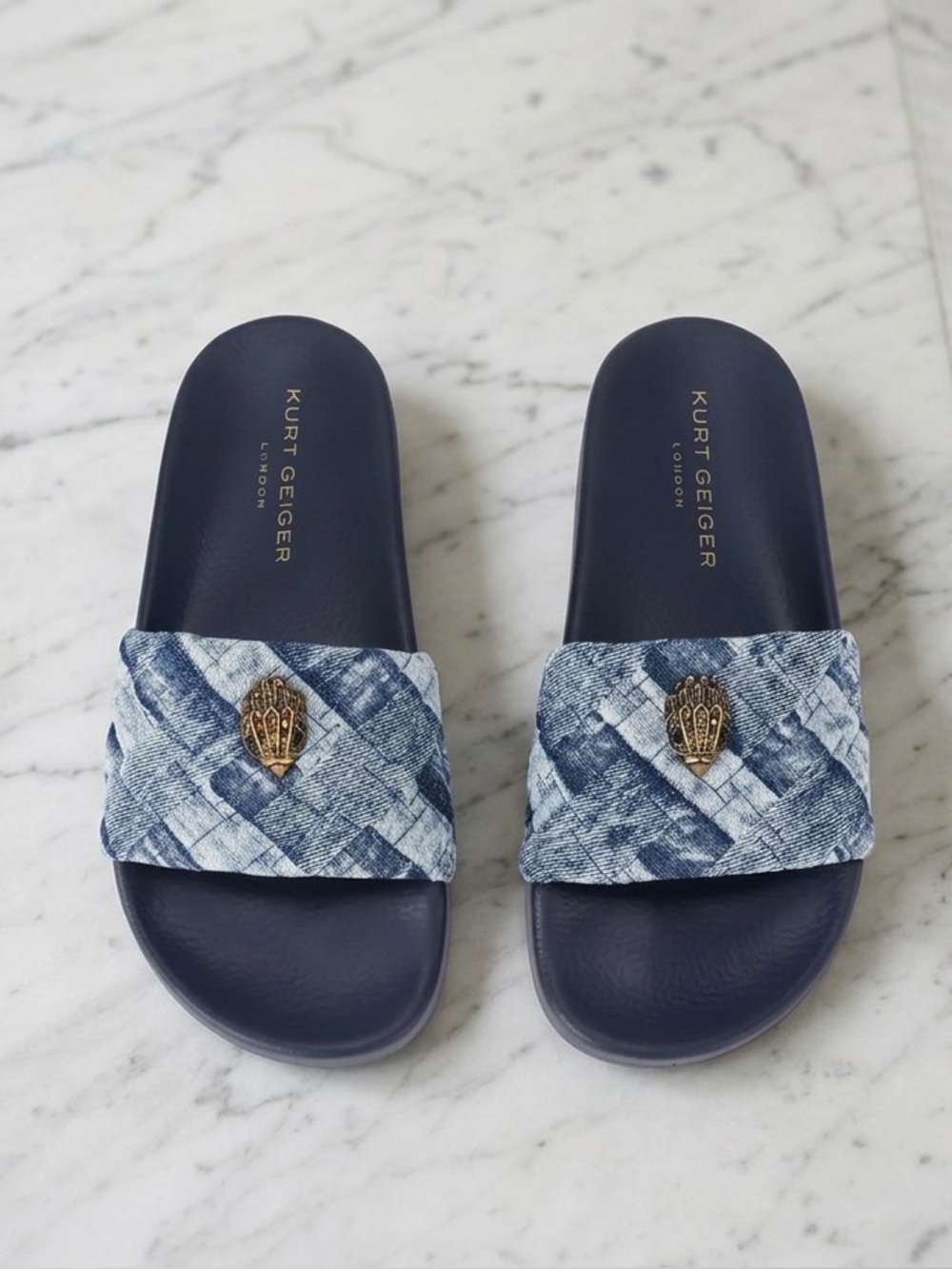 Kurt Geiger Navy Blue Denim-Textured Slide Sandals with Gold Emblem